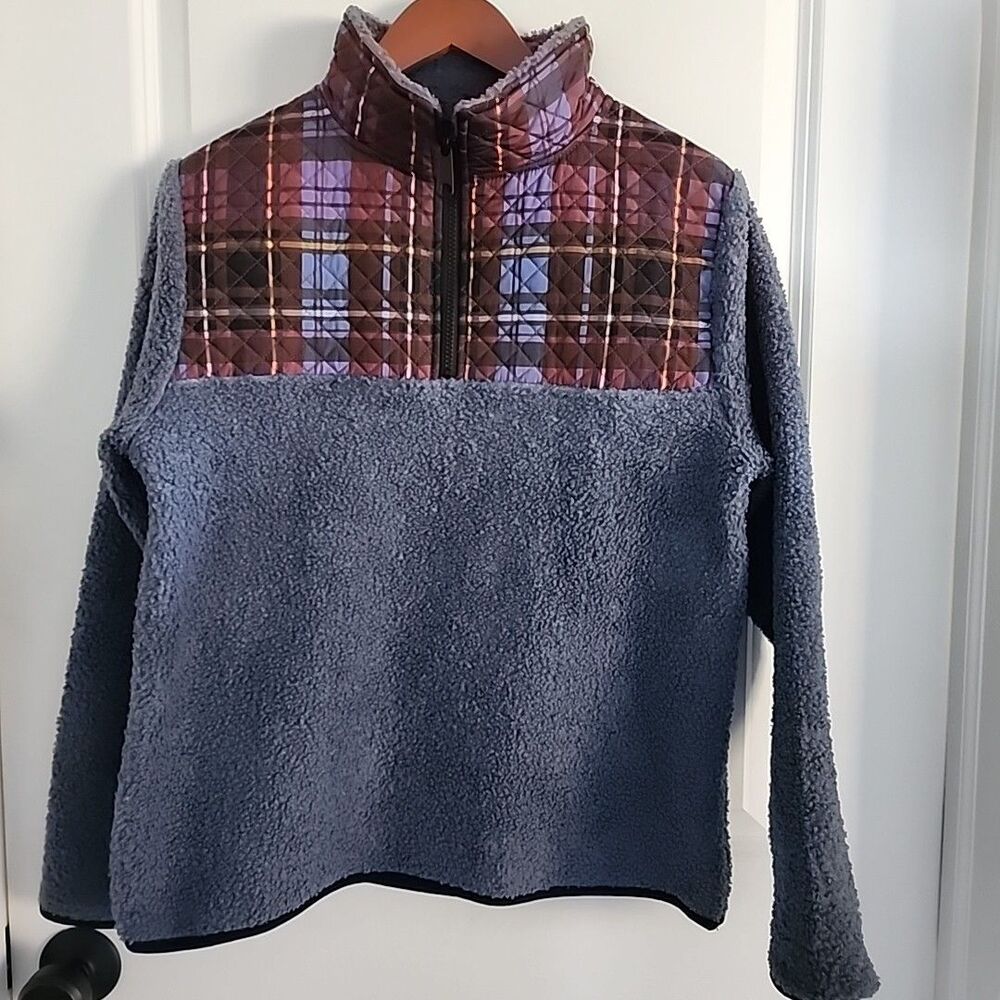 Vera Bradley Teddy Sherpa Blue Pullover 1/4 Zip Plaid Size S/M Fleece Sweater